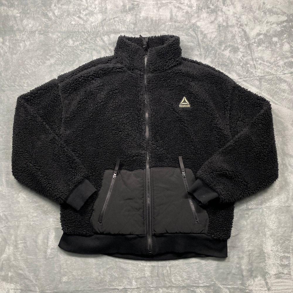 Reebok Black Sherpa Fleece Full Zip Jacket‎ Puffer Pockets womens Large